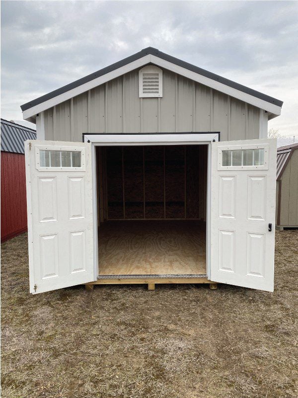 gray shed white doors