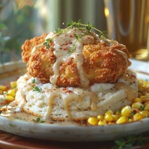 Chicken fried steak over biscuit