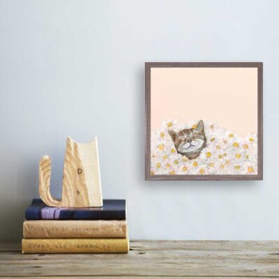 Happy Cat in Daisies Mini Framed Canvas