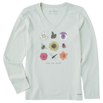 Women's Bugs and Flowers Grid Long Sleeve Crusher Vee