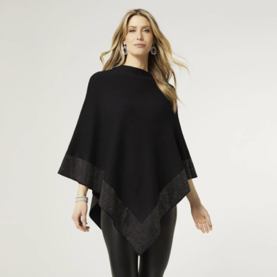 Tova Rhinestone Trim Poncho - Black