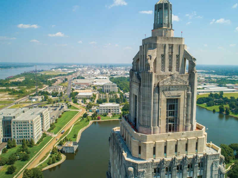 aerial closeup of state capitol building in baton rouge