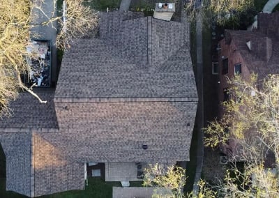 aerial view of new shingles installed on roof