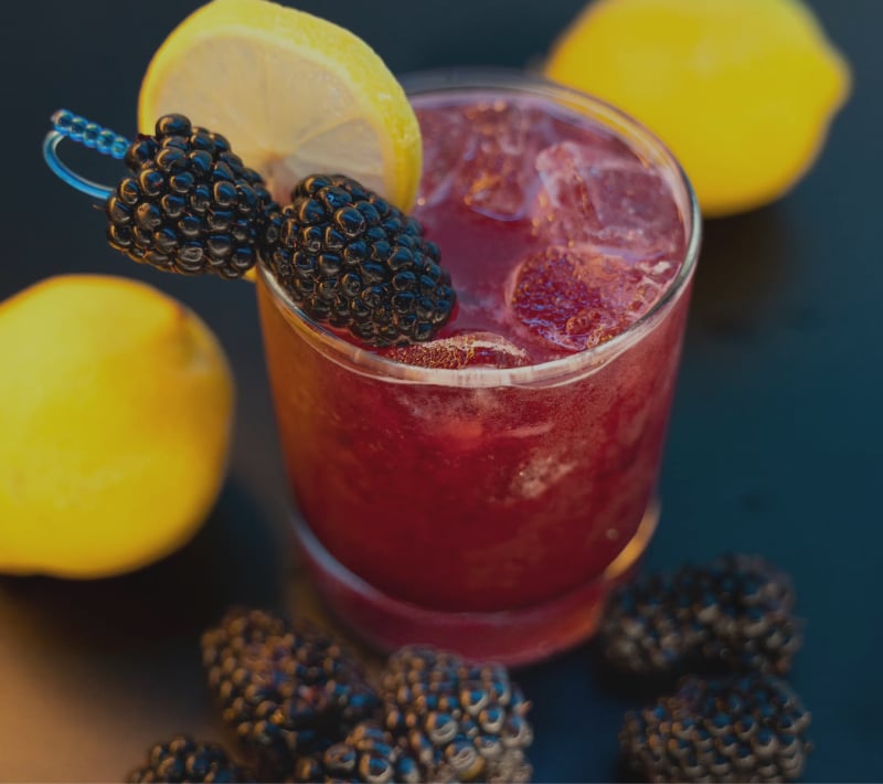 red cocktail with lemons and blackberry